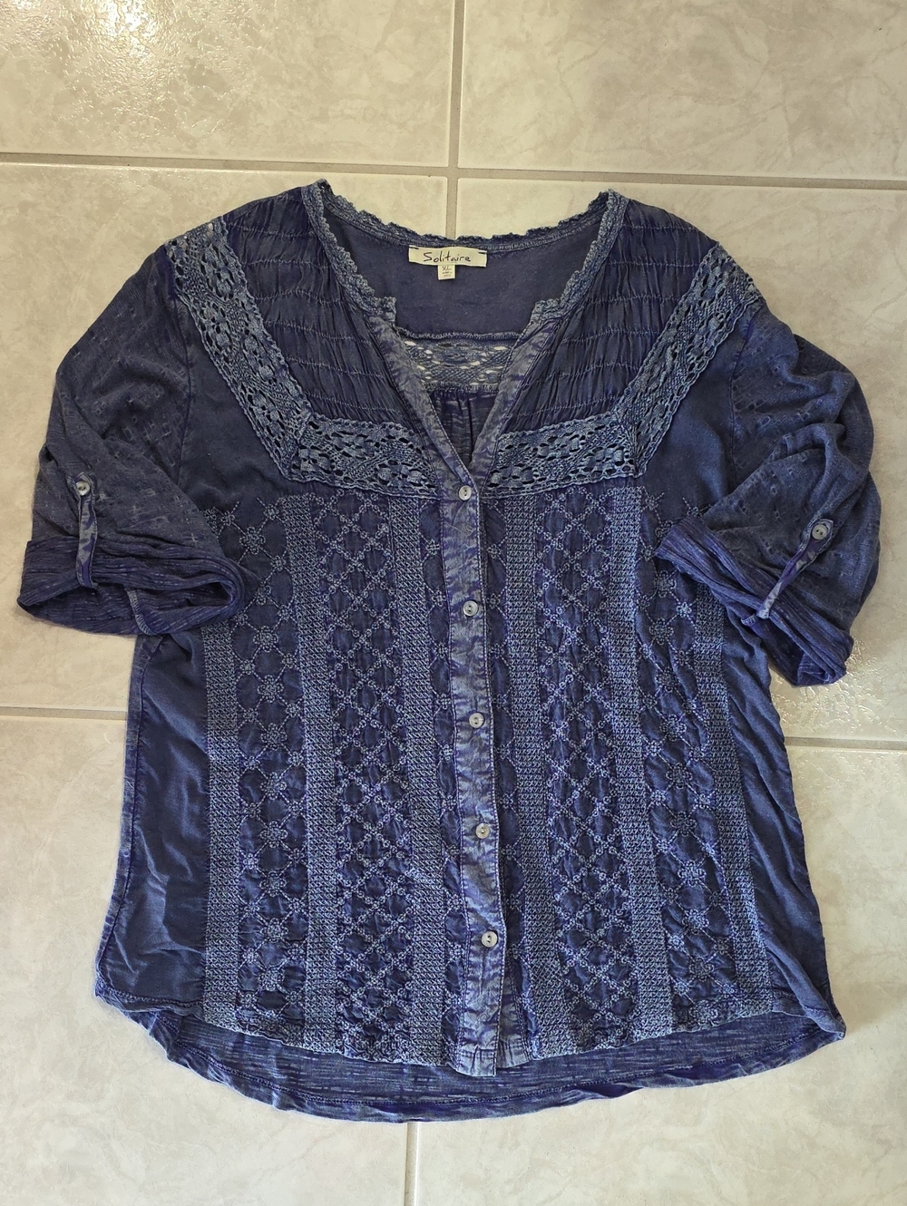 Solitaire Indigo Lace & Crochet Button-Front Blouse